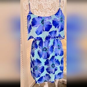 Gemma L Blue Purple Floral 100% Silk Mini Dress Tiered Ruffle